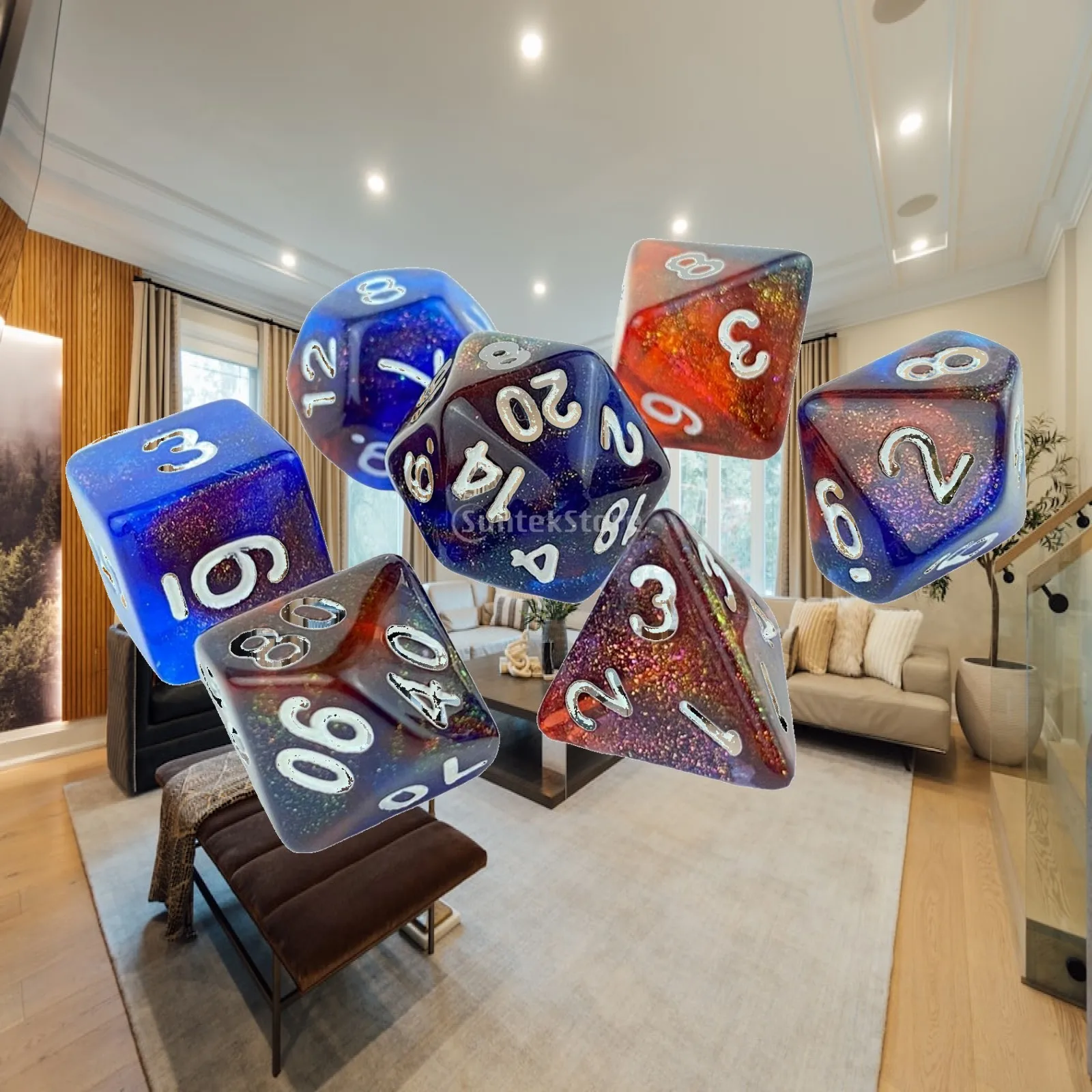 7Pcs Fantasy Dices Set,Double Colors Assorted Luminary Engraved Game Dices