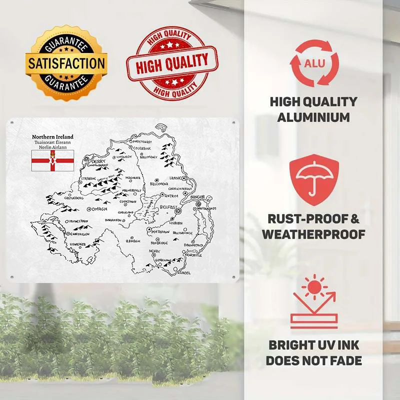 Handdrawn Map of Northern Ireland Personalized 3D Textured Metal Poster Wall Art Vintage Tin Signs for Room Decorations Man Home