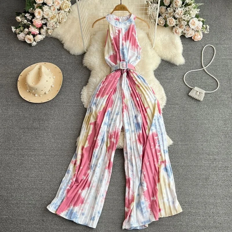 Women Tie Dye Waist Up Jumpsuit Off Shoulder Sexy Slimming Lady Pleated Rompers Summer Belt Waist Playsuit Wide Leg Streetwear