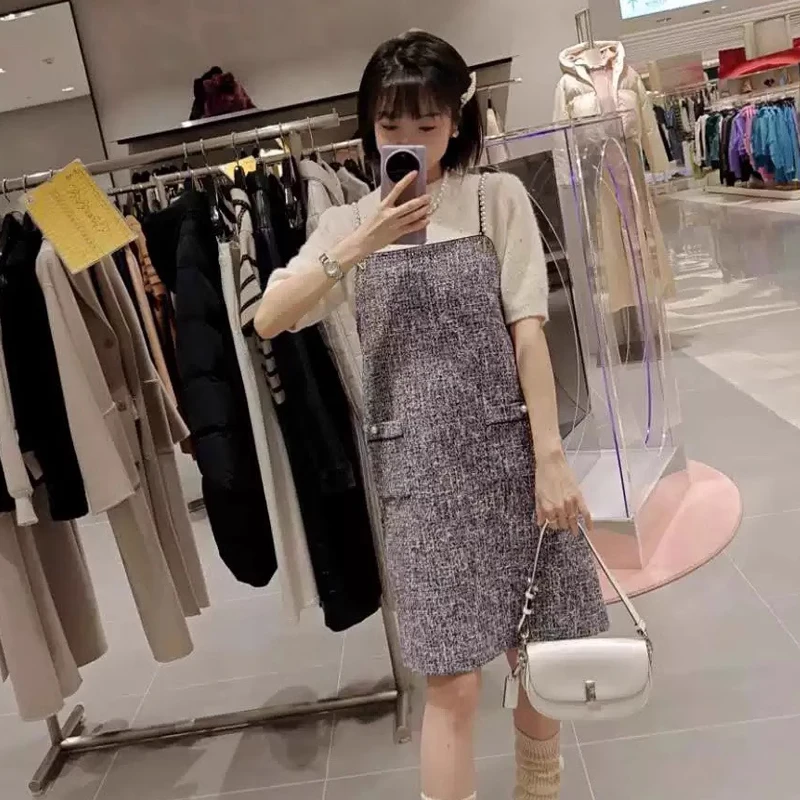 

Элегантное твидовое платье с жемчужными бретелями MICOAT Pure Original Charming Miss Autumn Pearl Strap Dr