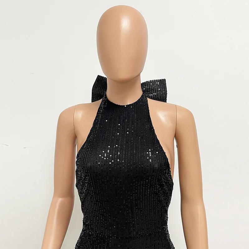 Pailletten Paillette Big Strik Dames Lange Feestjurk Hoge Split Halter Galjurk Meerdere Kleuren Backless Avondjurk Nieuw Ontwerp