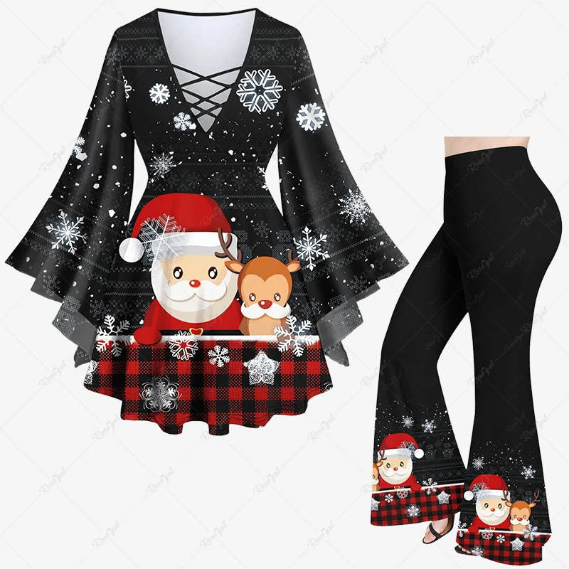 XS-6X Women\'s Matching Set Lattice T-shirt And Flare Pants Christmas Tree Santa Claus Elk Snowflake Moon Glitter 3D Print Suit