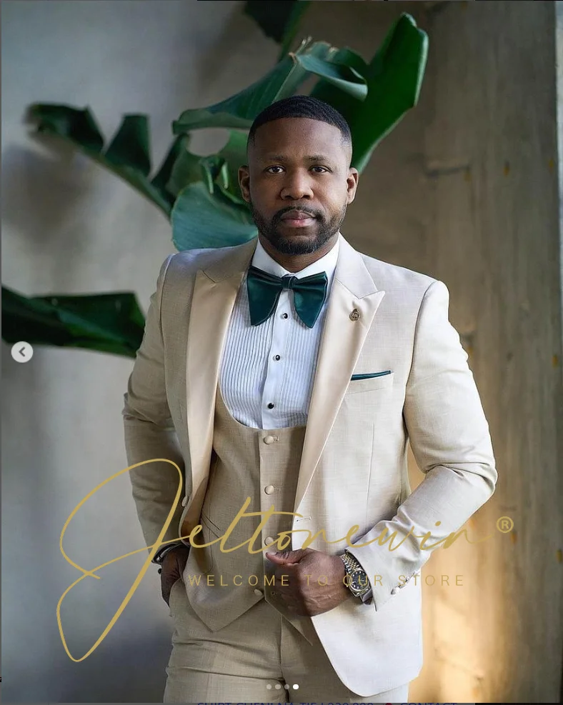 

Мужской бежевый костюм-тройка с жилетом, облегающий торжественный костюм для свадьбы, жениха, вечеринки, делового случая