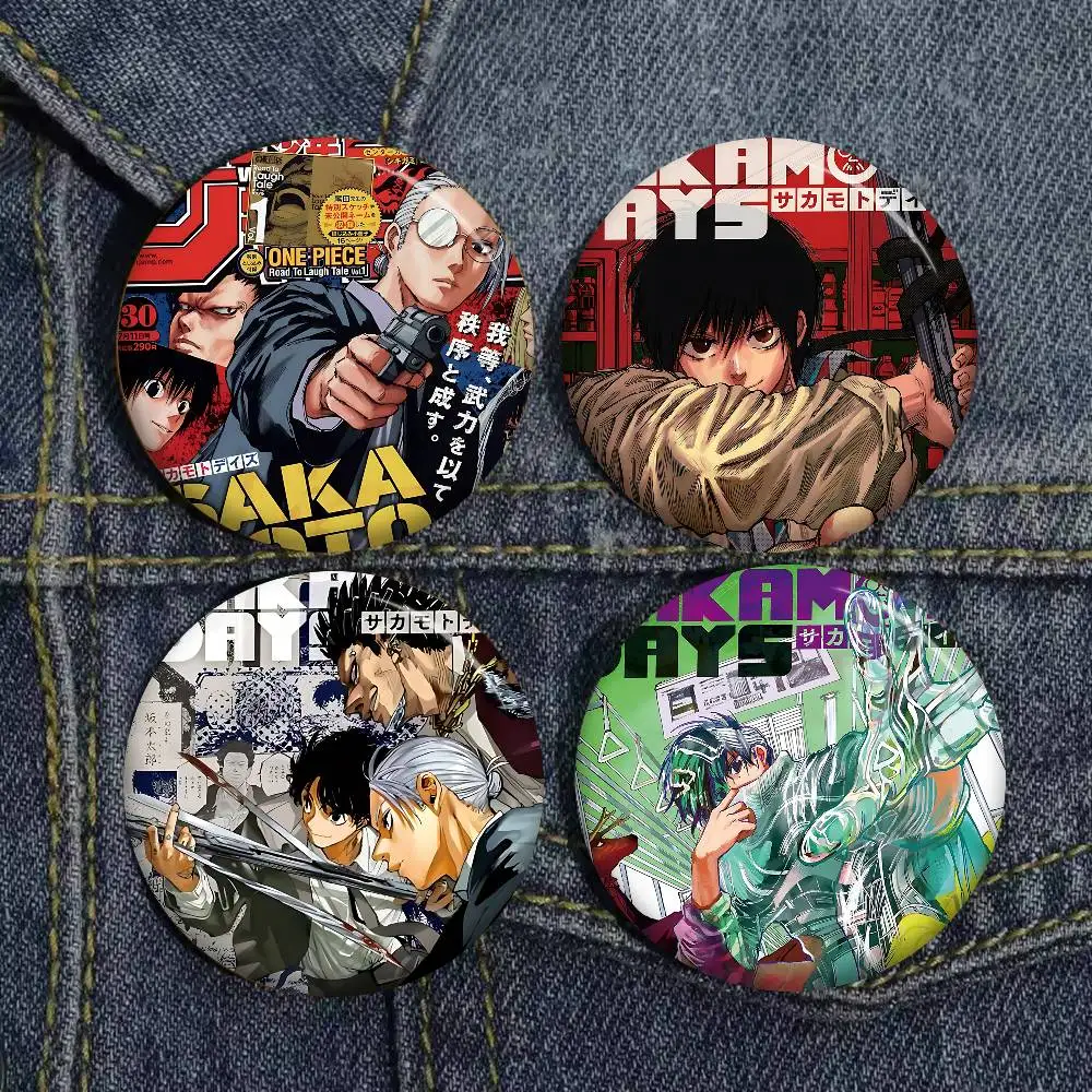 S-SAKAMOTO DAYS Popular Japanese anime 32/44/58mm Round Cartoon Brooches Handmade Pins for Backpack Jewelry Accessories Gifts