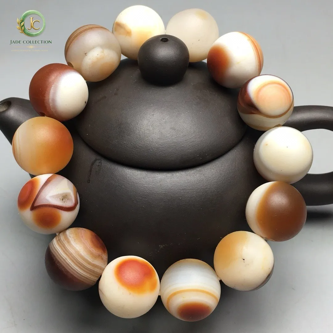 Tibetan Natural Old Agate Dzi Silkworm Lines Sky Eye Beads Amulet Bracelet S0626