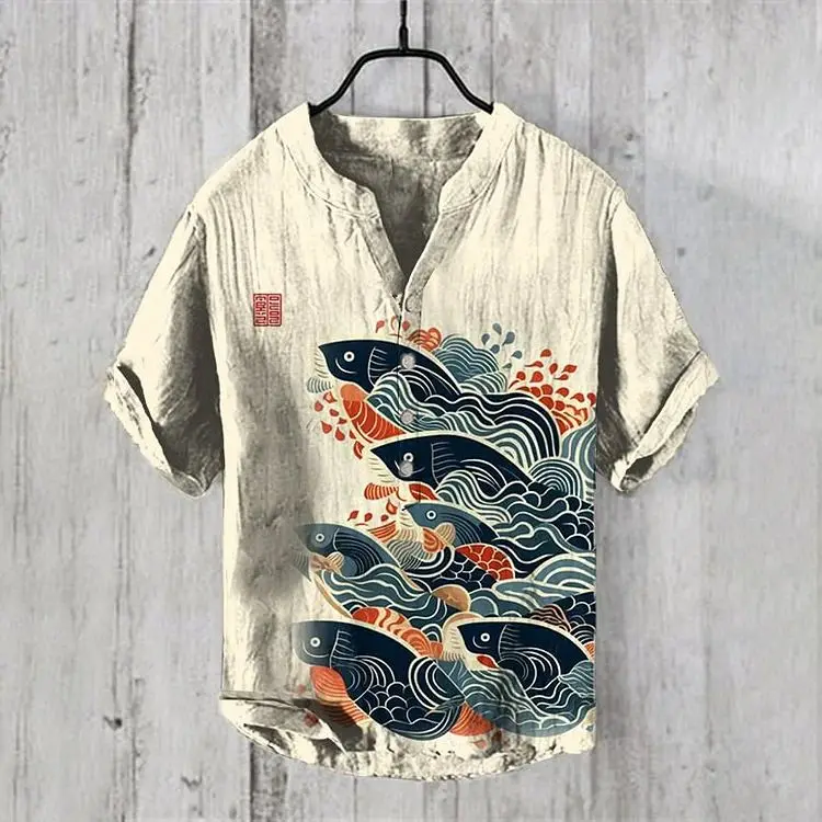 Ink wash printed cross-border men's Hawaiian shirt new shirt V-neck 3 button linen thin comfortable shirt factory direct sales