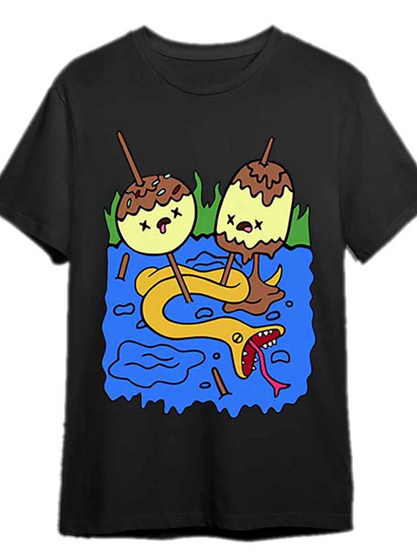 تي شيرت رجالي أسود مع Adventure Time Bubble Gum Princess Rock Jack and Finn Print كاجوال بأكمام قصيرة ورقبة دائرية