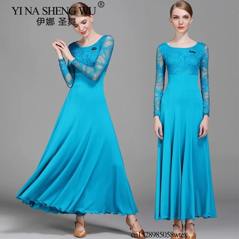 Dames Volwassen Standaard Ballroom Dans Jurk Kanten Mouw Flamenco Wals Stage Performance Rok Elegante Dansers Danskleding