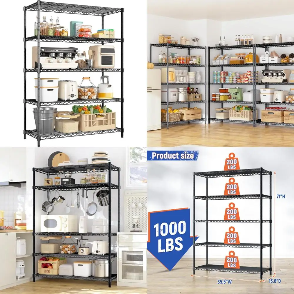 

Регулируемые сверхпрочные металлические проволочные полки для кухни, 5-уровневые стеллажи для хранения, вместимость 1000 фунтов, органайзер для кладовой из прочной стали