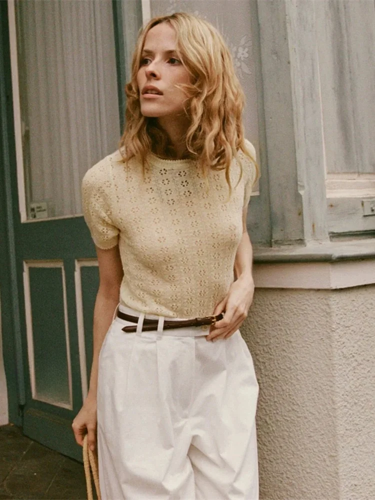 Susan Don Classic Mixed Knitted Short Sleeve Open Cardigan Women's Top in Two Colors French Style Loose Fit round Neck Design