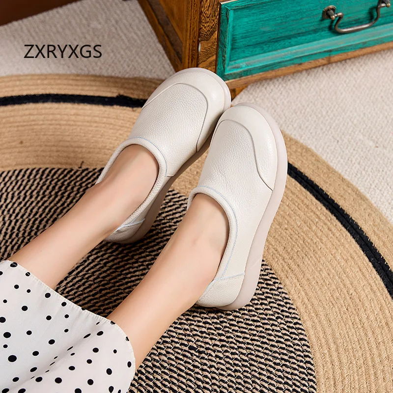 ZXRYXGS 2024 Autumn Round Toe Genuine Leather Shoes Flats Comfortable Soft Sole Anti Slip Wear-resistant Flat Shoes Woman New