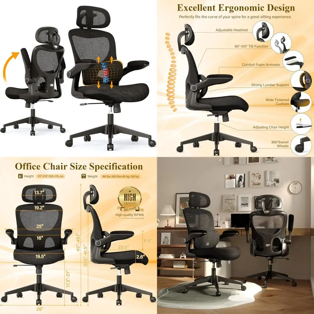 

Ergonomic High-Back Mesh Office Chair with Adjustable Lumbar Support, Comfortable Desk Chair for Computer Gaming and Long Hours