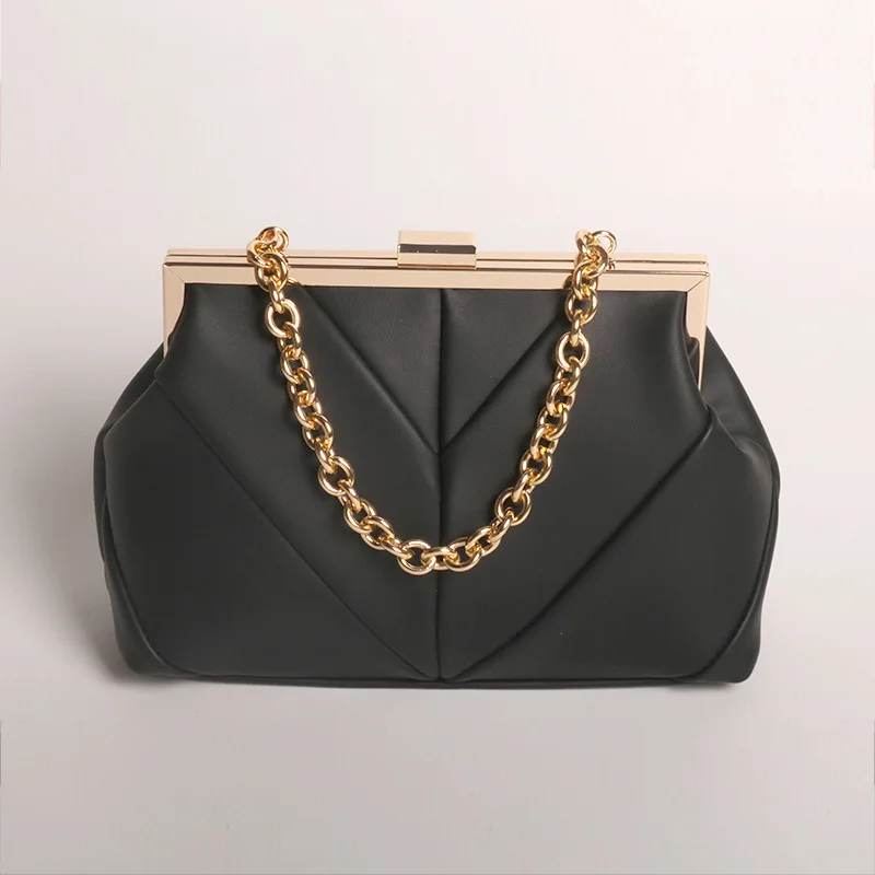 PU leather shiny metal strip closure evening bag handbag for ladies crossbody chain evening dress bag