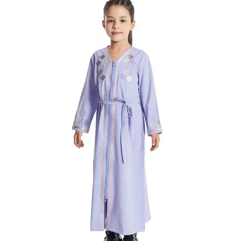 New Muslim Kids Girls Zipper Front Open Abaya Morocco Kaftan Islamic Child Clothes Eid Ramadan Jalabiya Arabic Robe Caftan Dress