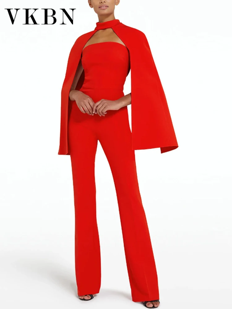 VKBN Red Jumpsuits Suit 2023 Strapless Slim Backless Female Elegant Evening Long Pants Women\'s 2 Pcs Set