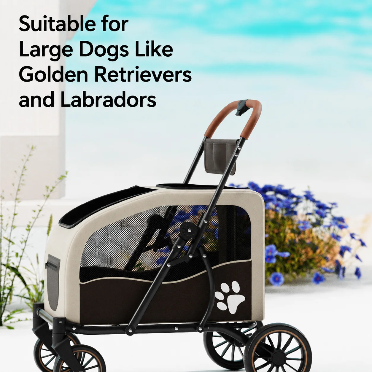 Large Dog Stroller 55KG Heavy Duty Pet Stroller One-Click Folding Linen Fabric Detachable Carrier EVA Wheels