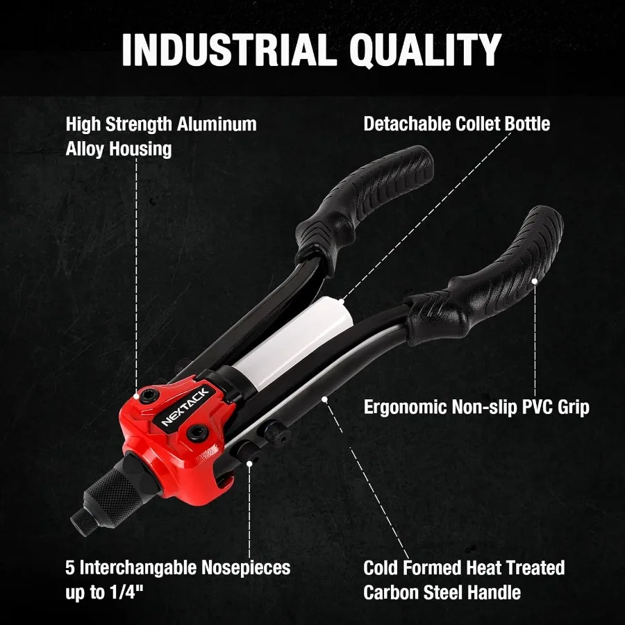 ヘビーデューティー両手式1/4ポップリベットガンキットNT300、350個の各種リベットと5個のノーズピース付き、内蔵シャフトコンテナ搭載