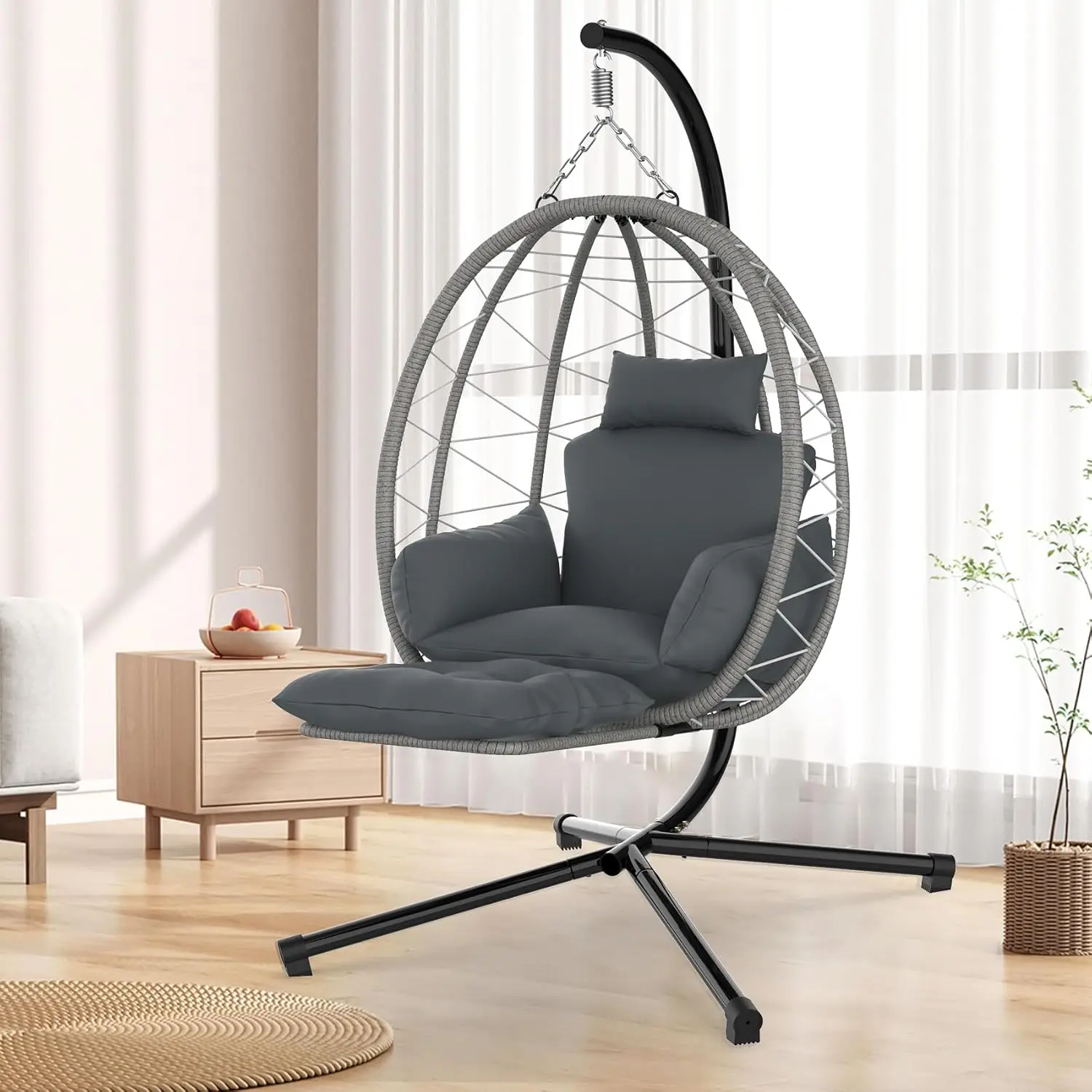 Hanging Egg Chair with Stand & Leg Rest, Rattan Wicker Swing Chair with UV Resistant Cushion and Pillow, for Indoor Outdoor