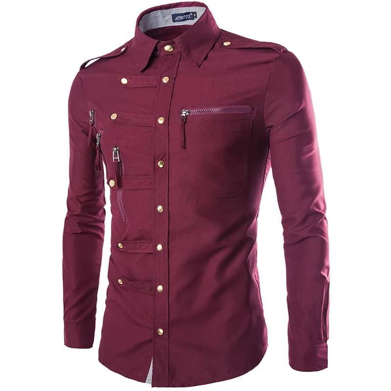 

Long Sleeve Slim Fit Cotton Polyester Shirt Asymmetric Multi-Button Stage Performance Men's Clothing Military Style Flip Collar