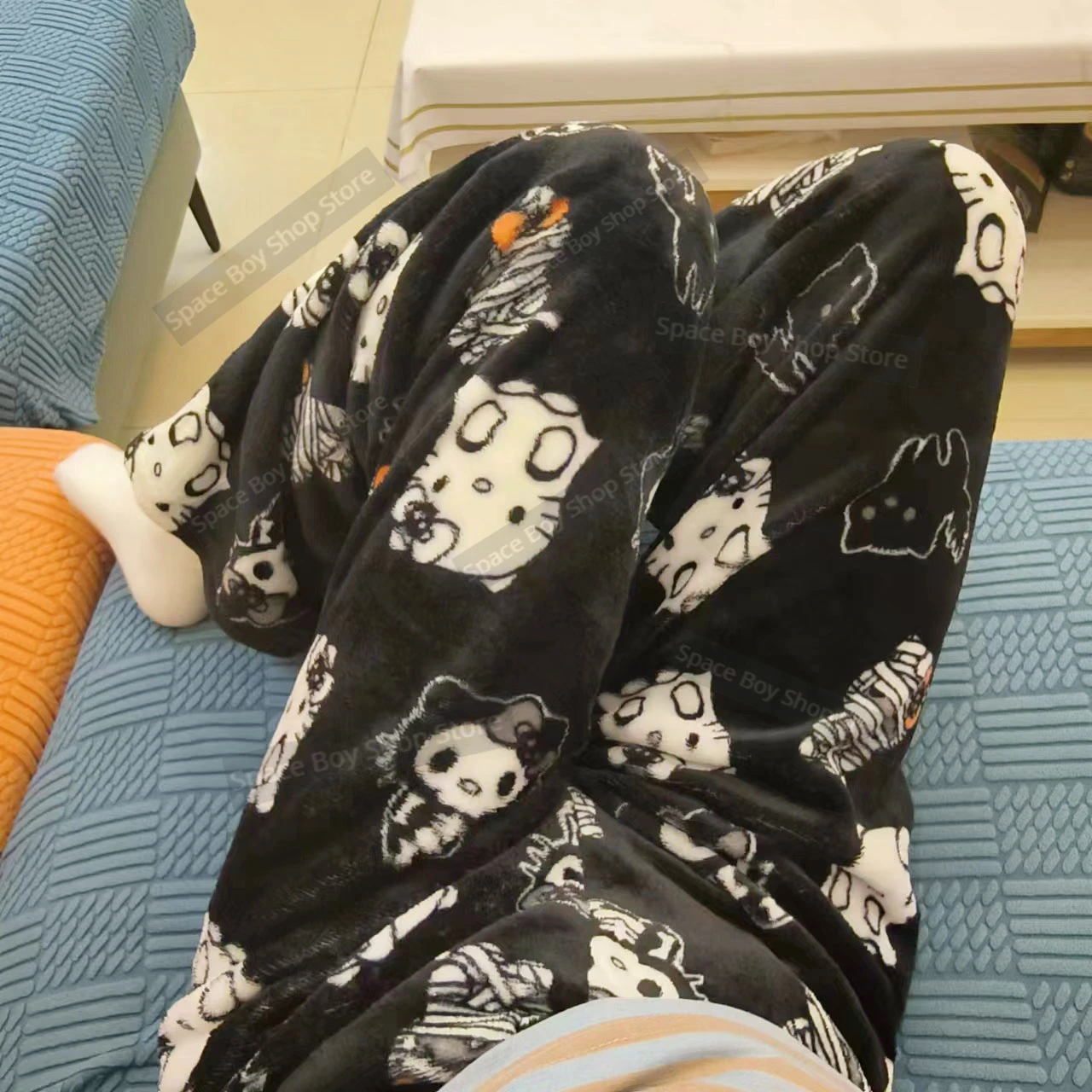 سانريو مرحبا كيتي بنطلون بيجامة مرجانية للنساء ، بنطلون ناعم ، منزل غير رسمي ، كرتون أنيمي كاواي ، هدية عيد ميلاد