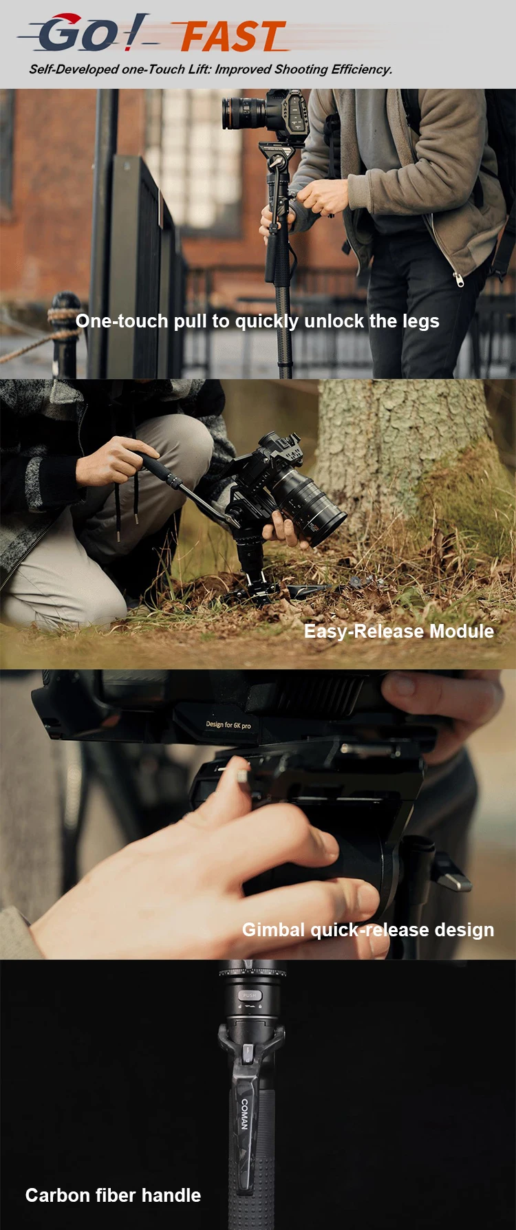 COMAN M1 PRO V5 4-Abschnitte One Click Lifting Carbon Fiber Einbeinstativ mit Schnellverschluss-Fußverschluss für DSLR-Kamera-Reisestativ – Detail 5