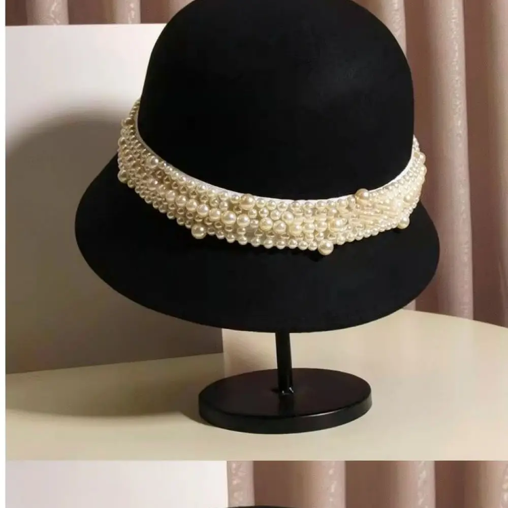 Womens Fashion Pearl Bucket Hat French Woolen Basin Cap Winter Warm Retro Style Elegant Headwear Soft Comfy Fedora
