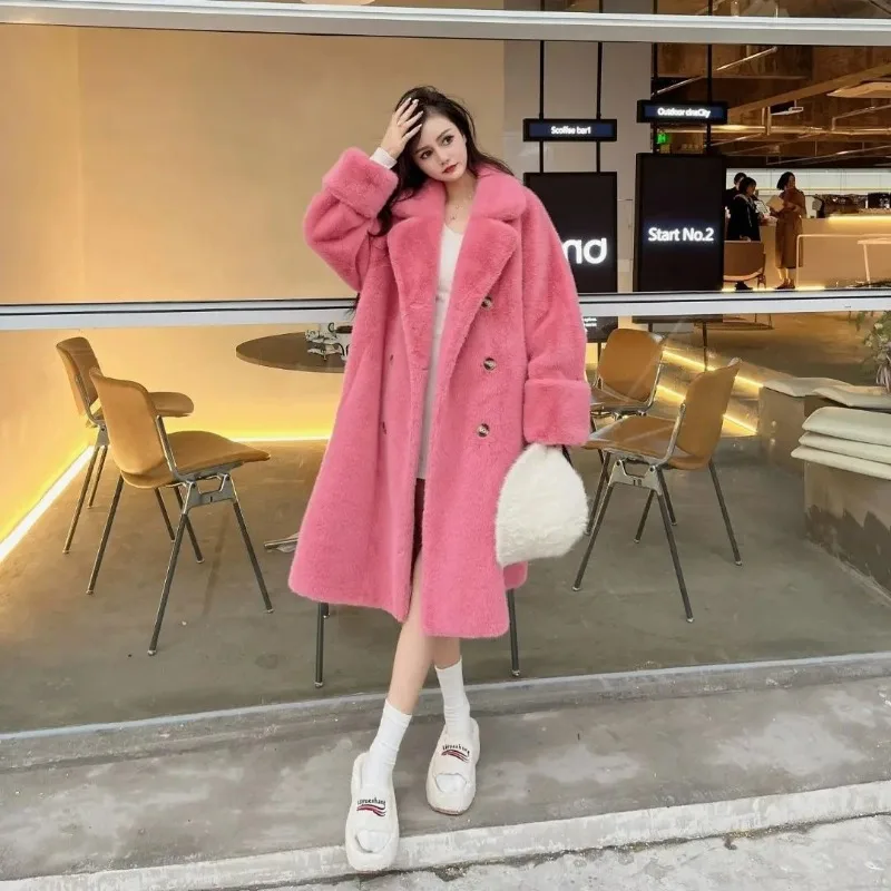 2023 New Women Winter Faux Fur Coat Eco-friendly Mink Fleece Overcoat Fur Long Jacket Loose Korean Style Double-breasted Outwear