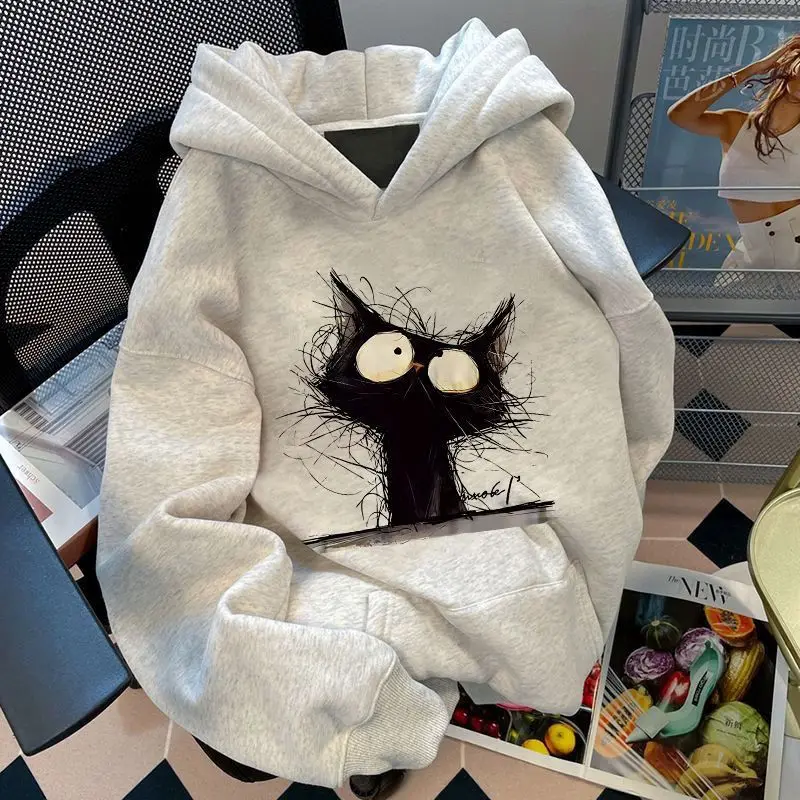 

Толстовка с капюшоном с принтом черного кота для мужчин и женщин, свободное пальто большого размера на осень и зиму