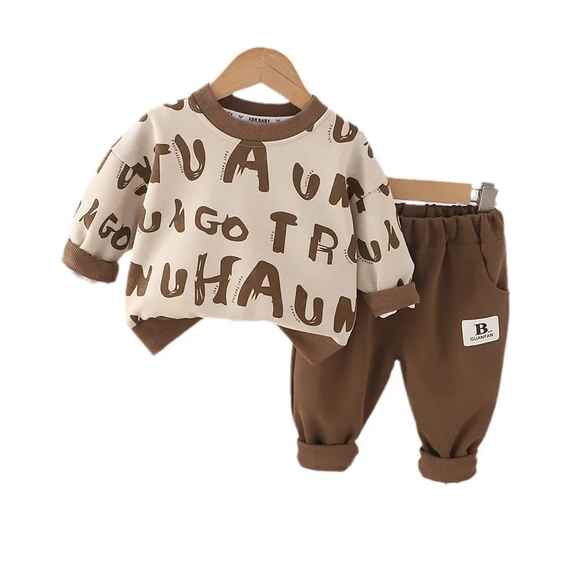 Spring Autumn 2024 Children Boys 2PCS Clothes Set Letter Printed Pullovers Solid Sticker Pants Suit Toddler Boys Outfits