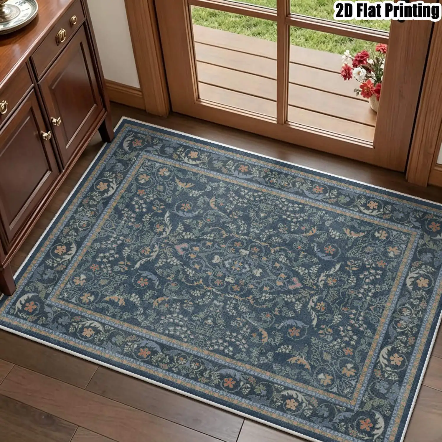 1Pc 2D Printed Blue-Grey Floral Velvet Carpet, European Retro Bohemian Style, Multi-Size Machine Washable, Home Decor for Entrance/Dining/Bedroom/Study/Living Room