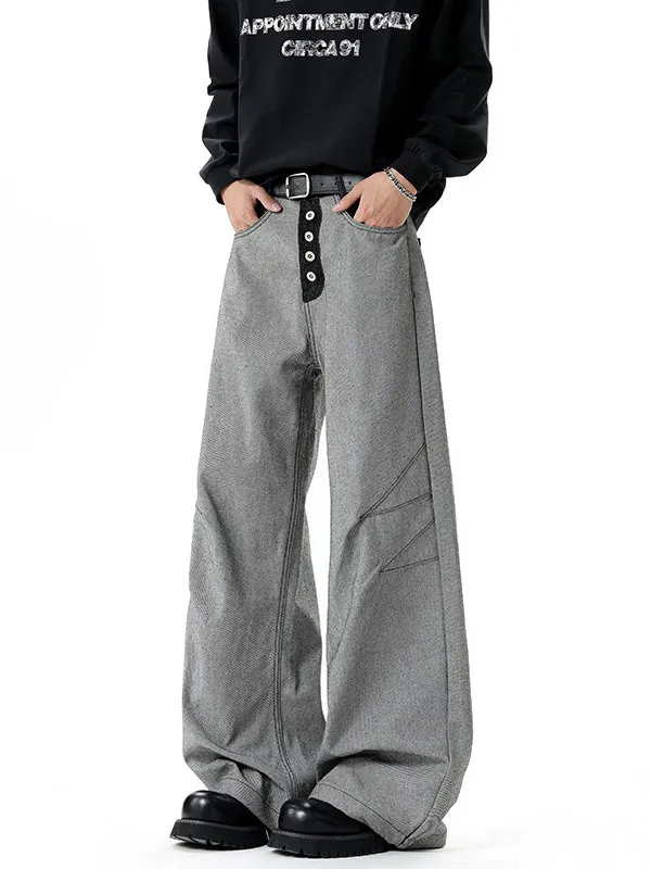 

TANGZ Studio American Style Five Button Men's Jeans Wide Leg Loose Fit Washed Denim Pants Casual Straight Tube Trousers