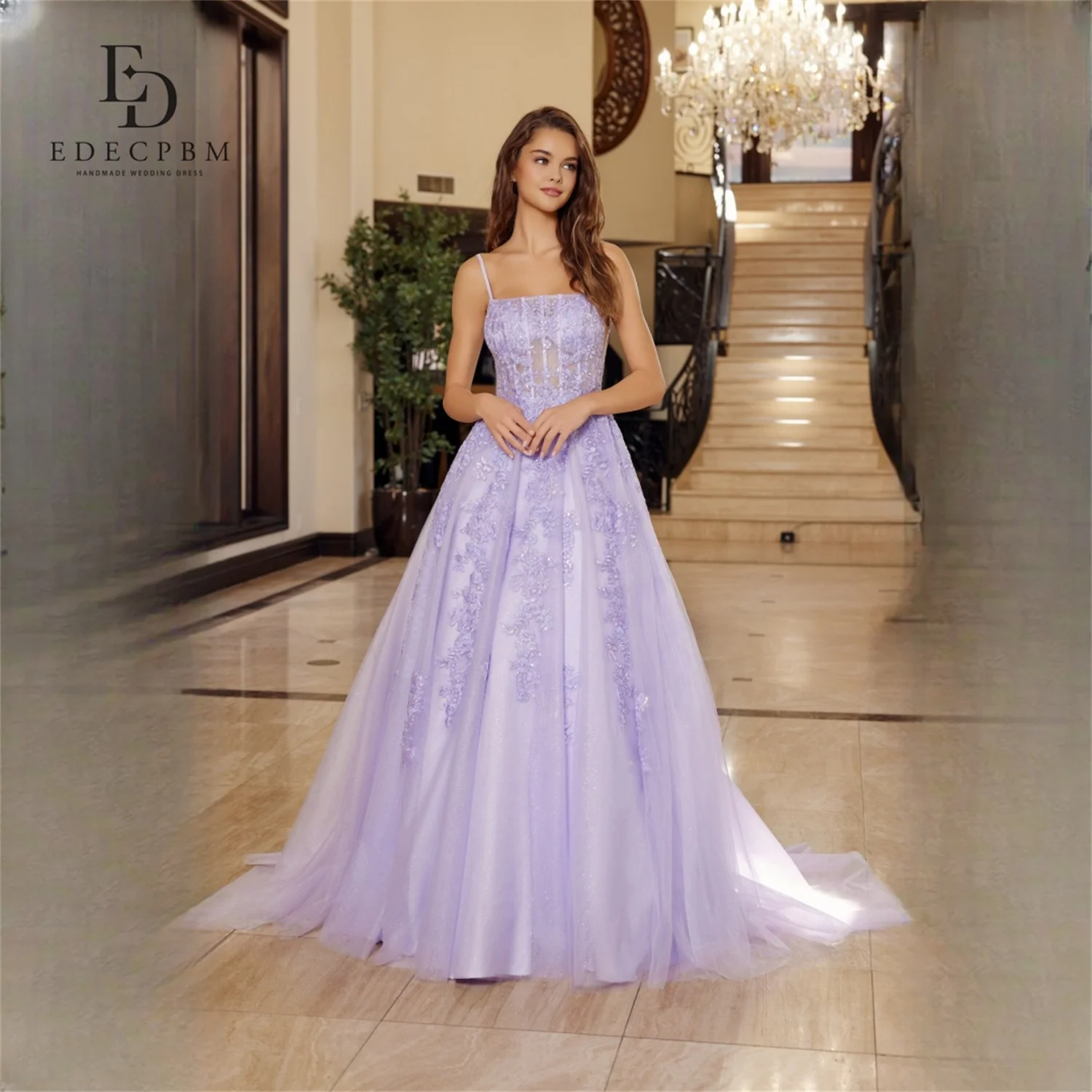 

EDECPBM Tulle Square Collar Purple Elegant Luxury Ball Gown Evening Dress 2026 Prom Dress Formal Evening Women Customized