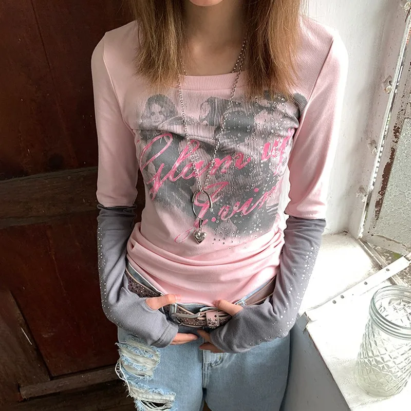 Karrcat Grunge Patchwork T-shirt Y2k Aesthetics Fake Two-piece T Shirt Fairycore Diamond Pink Tops 2000s Harajuku Streetwear