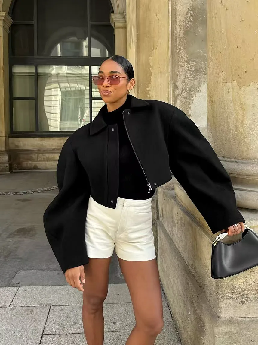 

Faionable Casual Notch Collar Long Sve ort Woolen Jaet Zipper Loose Women's Top Ele Autumn Outerwear