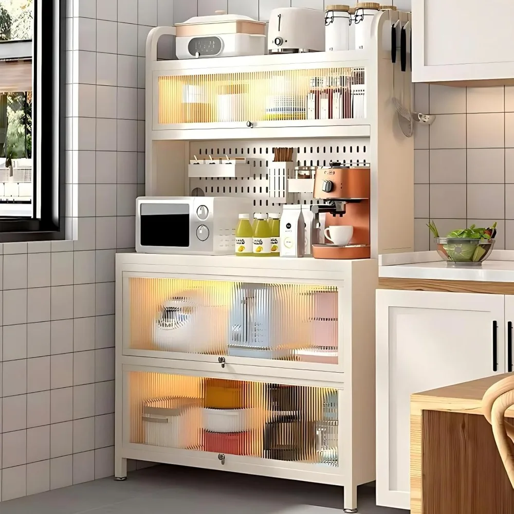 

Bakers Rack with Storage & Wheels, Coffee Bar with Wheels, Microwave Stand with Storage, Kitchen Shelves for Kitchen Pantry