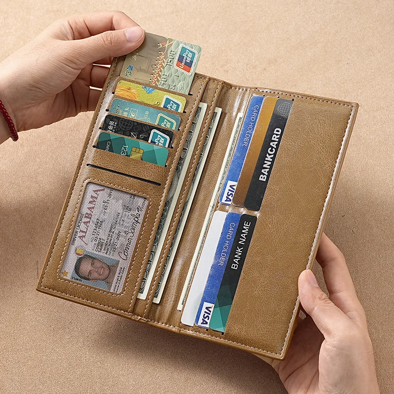 Retro wallet, versatile card bag, long leather texture, ultra-thin large-capacity anti-theft brush