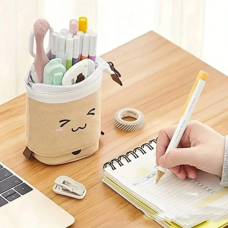 Bubble Tea Print Cute and Simple Pull-Tab Expandable Canvas Pen Case - Multi-purpose Stationery Organizer