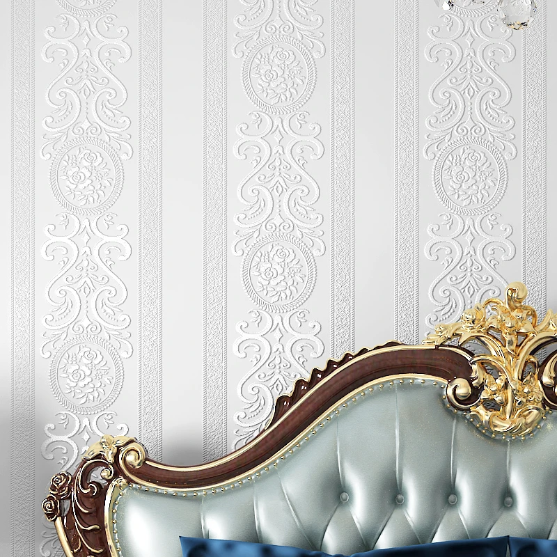 

Striped European Pastoral Wallpaper White Thick Bedroom Living Room Tv Background Wall Floral Wallpaper 3D Embossed