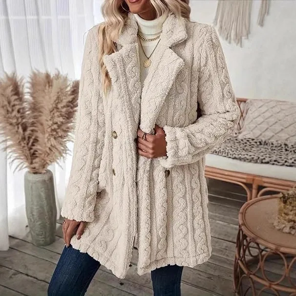 

Women's Plush Jacket Comfortable Casual Thermal Suit Collar Double-breasted Medium And Long Coat