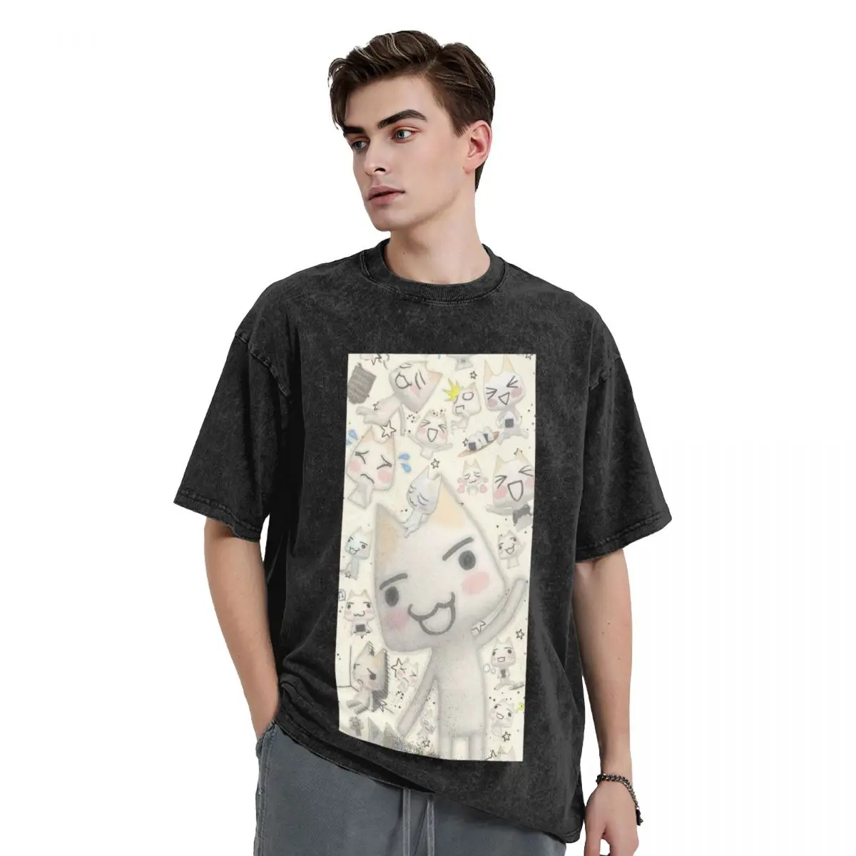 

Мультяшная анимация Toro Inoue Cat 7, потертые футболки, винтажная футболка в стиле хип-хоп с короткими рукавами, уличная одежда, футболки для мужчин и женщин