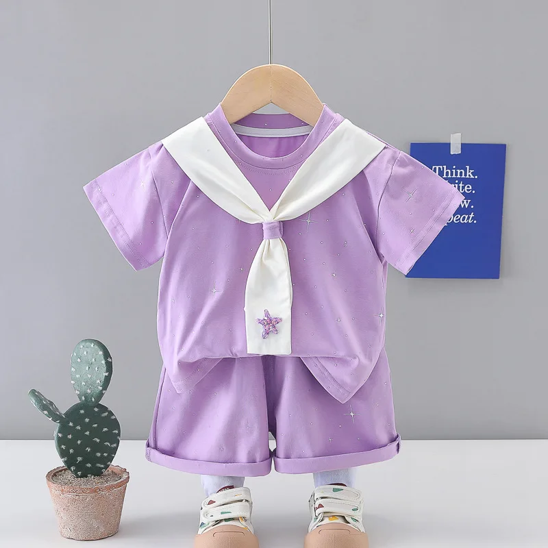 Lovely Sailor Collar Toddler Girls Outfit Glitter Star Print T-shirt and Shorts Set Kids Clothes for Daily Play Holiday Party