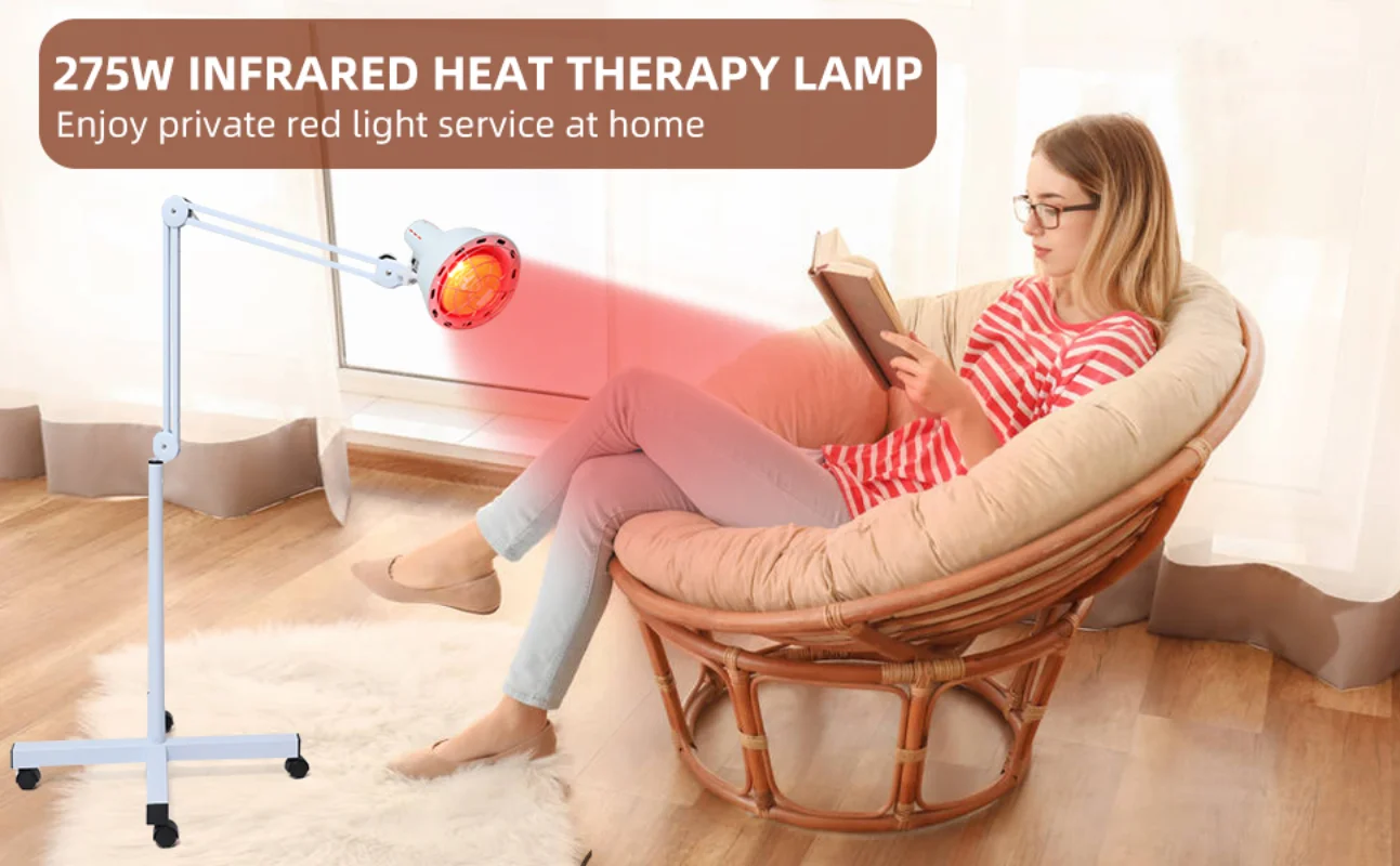 Lámpara de calor infrarrojo cercano con ruedas, lámpara de calefacción de suelo, color rojo, alivia el dolor de articulaciones y músculos, altura y ángulo ajustables, 150W