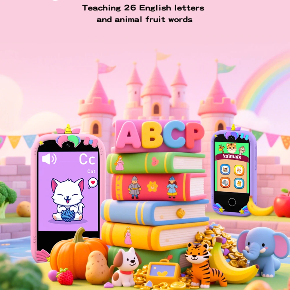 Inteligentny telefon dla dzieci, zabawki z aparatem, aparat cyfrowy, zabawki edukacyjne dla dziewczynek i chłopców w wieku 3-8 lat, ekran dotykowy, jednorożec, telefon dla niemowląt, odtwarzacz MP3