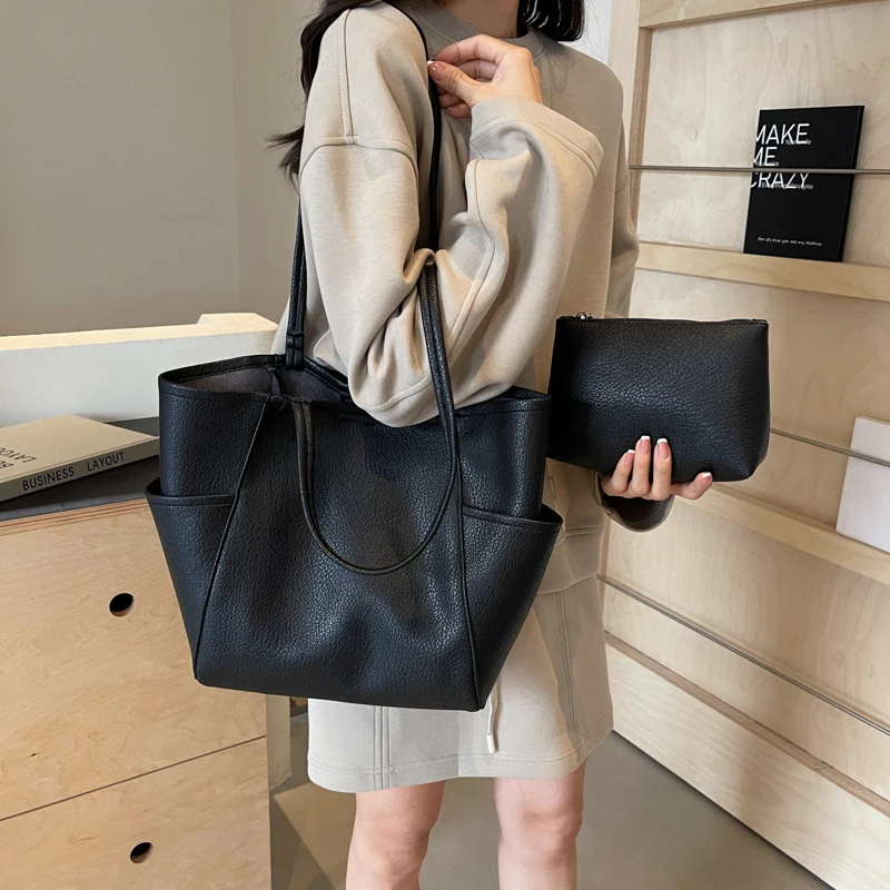 LEFTSIDE PU Leather Big Shoulder Bags for Women 2024 Y2K Designer Korean Fashion Handbags and Purses Trend Design Tote Bag