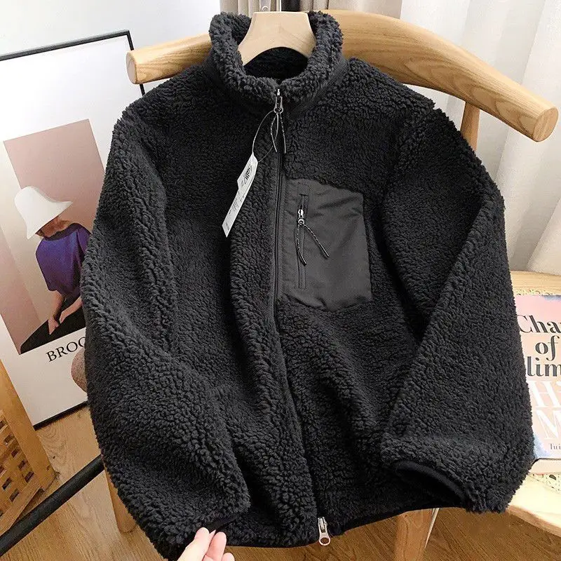 2024 Spring New Korean Hot Style Zipper Loose Stand-up Collar Sweater Couple Style Windproof Pocket Warm Lamb Wool Jacket