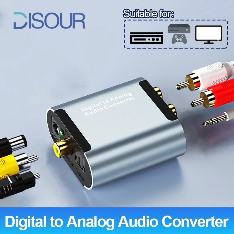 DISOUR Mini S/PDIF TOSLINK Digital to Analog Converter Coaxial / Optical to 3.5mm / RCA Audio Adapter for TV/PS4/CD Player