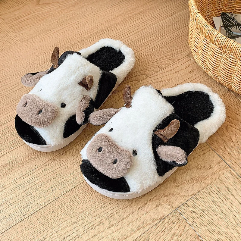 الشتاء رقيق المرأة النعال الشقق لطيف الكرتون البقرة أحذية مصممين الفتيات المنزل جديد منصة غير رسمية غامض الفراء الشرائح لينة وحيد