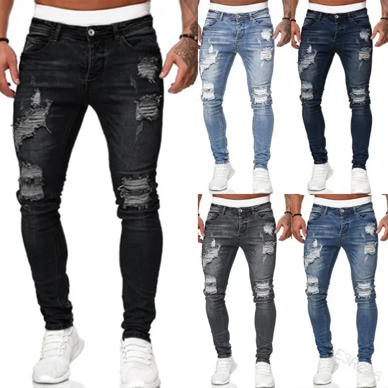 

Men Jeans Denim Pencil Pant Slight Strech Sheath High Street Spring 2025 Solid Pockets Slim Mid Waist Holes Ankle Length