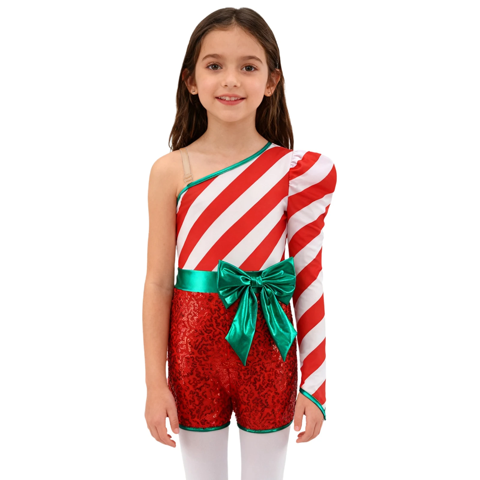 Girls Christmas Candy Cane Costume Shiny Sequin Striped Jumpsuit Ballet Dance Gymnastics Leotard Holiday Party Stage Performance
