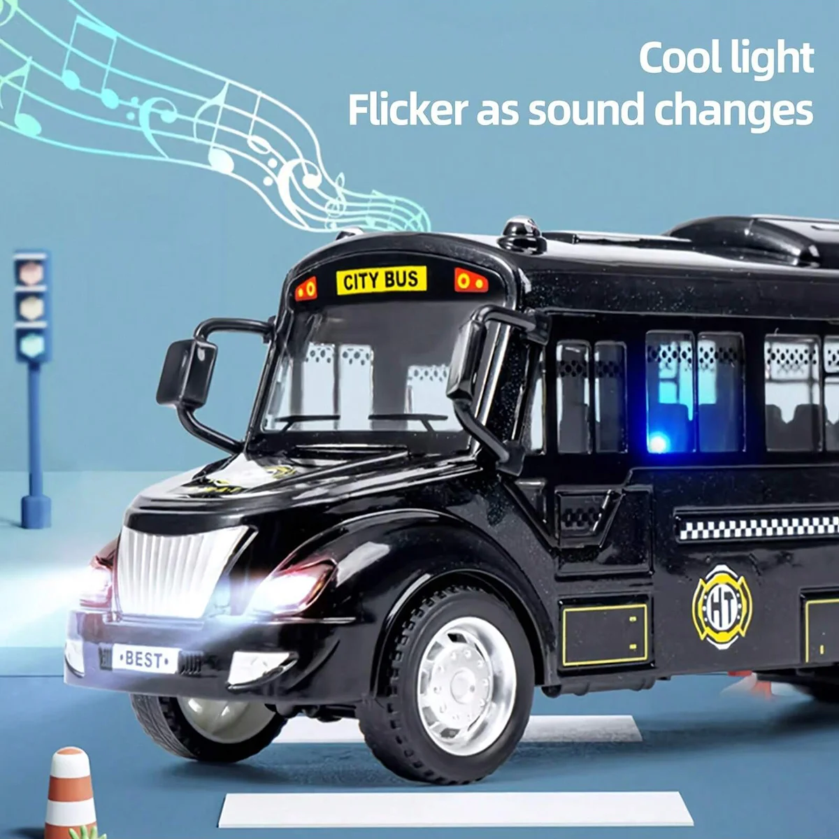 1pc Cool Bus Toy, Large Size School Bus Model With Sound And Light Effects, Pull-Back And Pull-Forward Functions, Open-Door Toy